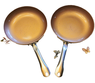 Two Copper Chef 10'' Round Fry Pans 18'' long w/stainless steel handle No lids