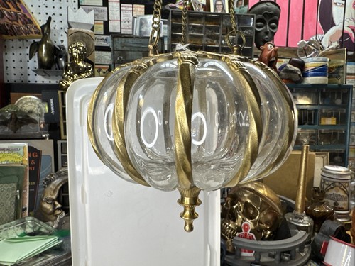 MCM Brass Glass Pumpkin Shaped Pendant Hanging Candle Holder Retro Vintage Decor - Picture 2 of 7