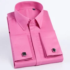 Mens French Cuff Covered Placket Long Sleeve Spread Collar Cufflinks Dress Shirt