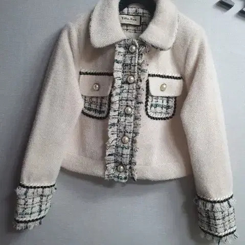 Beige Tweed Bicolor Jacket with Pearl Buttons