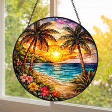 Beach Sunset Stained Glass Suncatcher, Beach Glass Window Hangings, Beach Lover