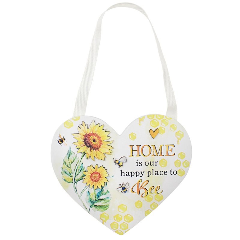 Bee Happy Sunflower Wooden Heart Shaped Plaque Hanging Door Decor Summer Floral