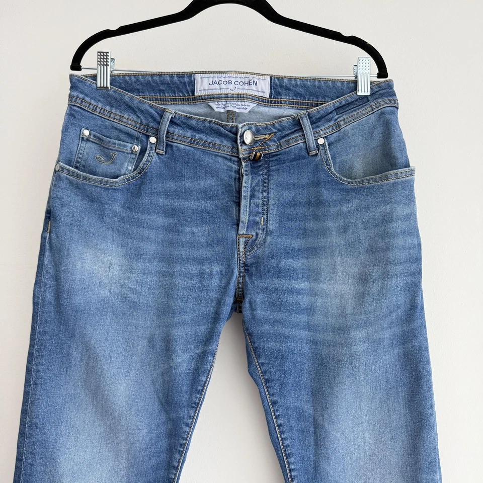 Pantalones de mezclilla Jacob Cohen para hombre 34x28 azul 622 ajustados cómodos elásticos hechos a mano en Italia Foto 3 de 4