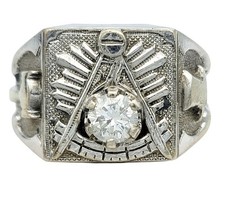 Vintage Gothic Men's Band Ring Diamond Masonic Design in 10 Karat White Gold