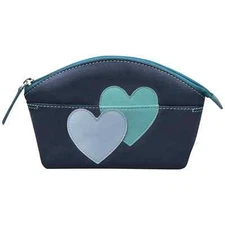 ILI New York Double Heart Cosmetic Case Leather Handbag Bag Navy Blue Purse NEW