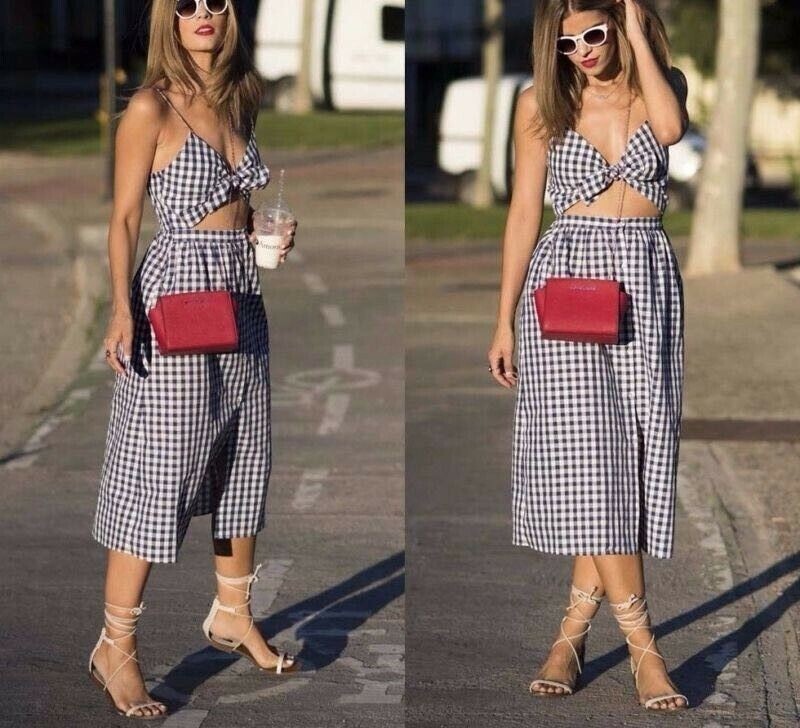 ZARA NAVY BLUE WHITE GINGHAM KNOT TIE FRONT CUT OUT MIDI SUMMER