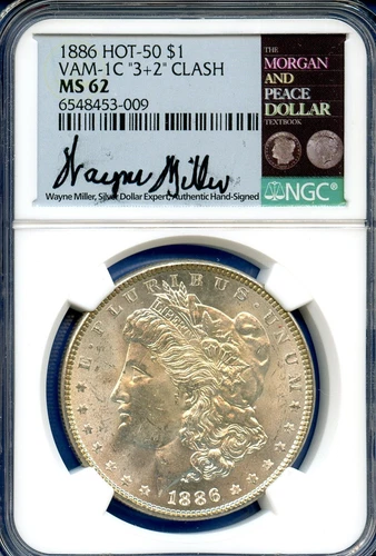 1886 P NGC MS62 Morgan Dollar $1 US Silver VAM 1C 3+2 Clash Hot 50 Miller Signed