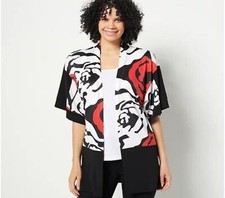 Truth  Style Printed Solid Jersey Open Front Jacket Red Combo M NEW A491565