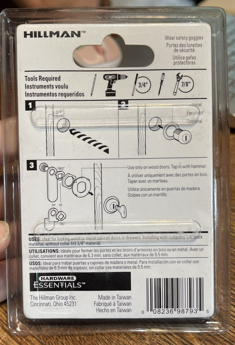 Hillman Zinc Utility Cam Lock -for Wood or Metal Cabinet Doors