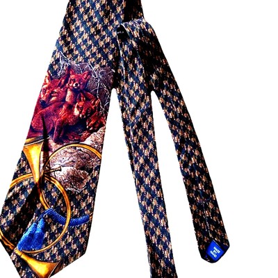 VTG Polo Ralph Lauren silk tie Houndstooth Fox Hunting Horn RARE 80s Mark Shale