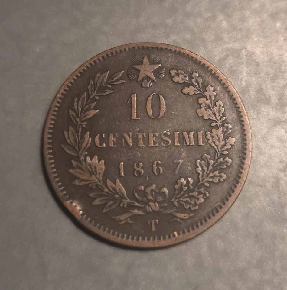 1867 T ITALY King Victor Emmanuel II Antique ITALIAN 10 Centesimi Coin - Image 2 of 2