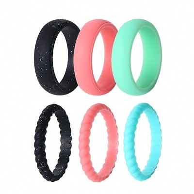 6PC Women Mixed Width Silicone Wedding Ring Rubber Band Flexible For Workout Gym