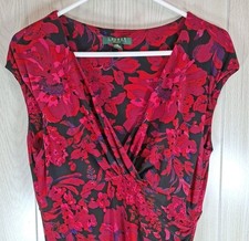 Lauren Ralph Lauren Dress Women 10 Red Multi Floral Sheath Surplice Mini Stretch