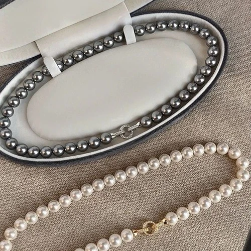 Grey Shell Pearl Necklace 8mm 10mm CZ Clasp 18K Gold Plated Women Everyday - product listing photo