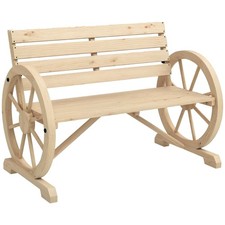 Outsunny 2 Seater Garden Bench w/ Wooden Cart Wagon Wheel Natural
