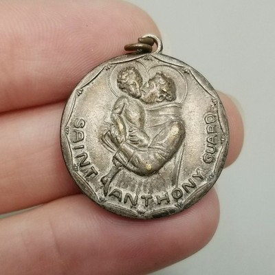 Vintage Saint Anthony Medal Call a Priest Silver Tone Round 1 Inch Pendant