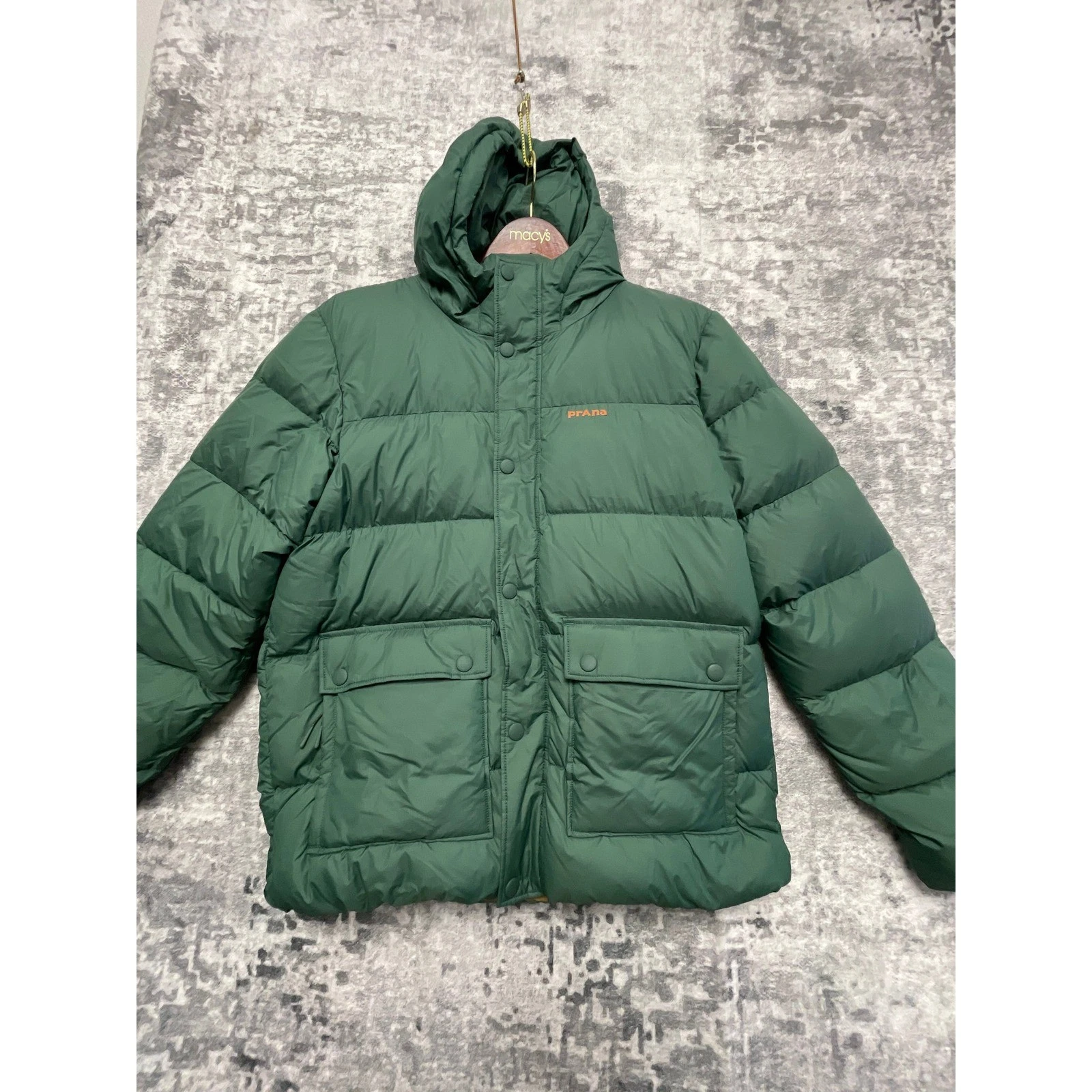 Prana Down Puffer Jacket Men's Med. Forest Green 650 Fill Recycled Nylon Hooded