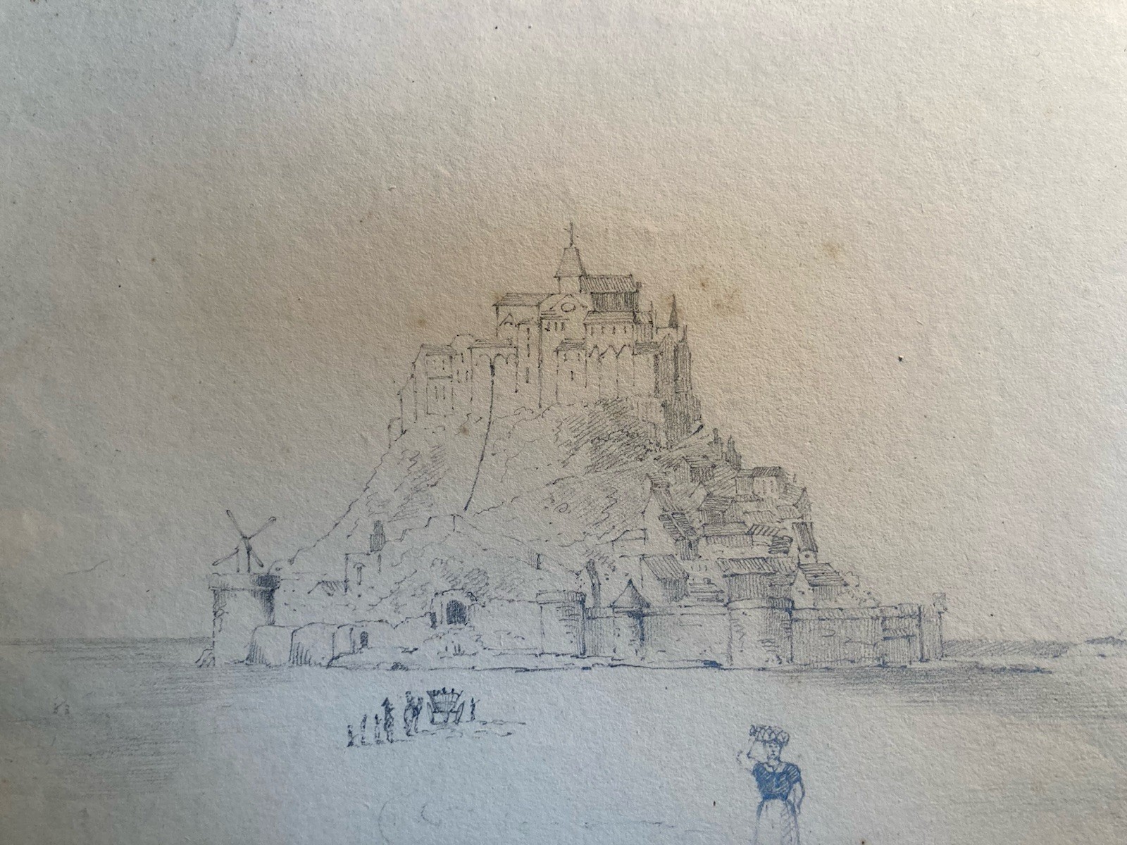 Dibujo XIX 1830 Mont Saint Michel Arte Iglesia Alga Antigua Mar Océano Goemond