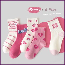5 Pairs Kids Socks Girls Boys Trendy Sport Pattern Mid-Calf Cotton Socks 3-12T