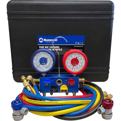 Mastercool 86972-G 4-Valve Aluminum Manifold with Manual Couplers