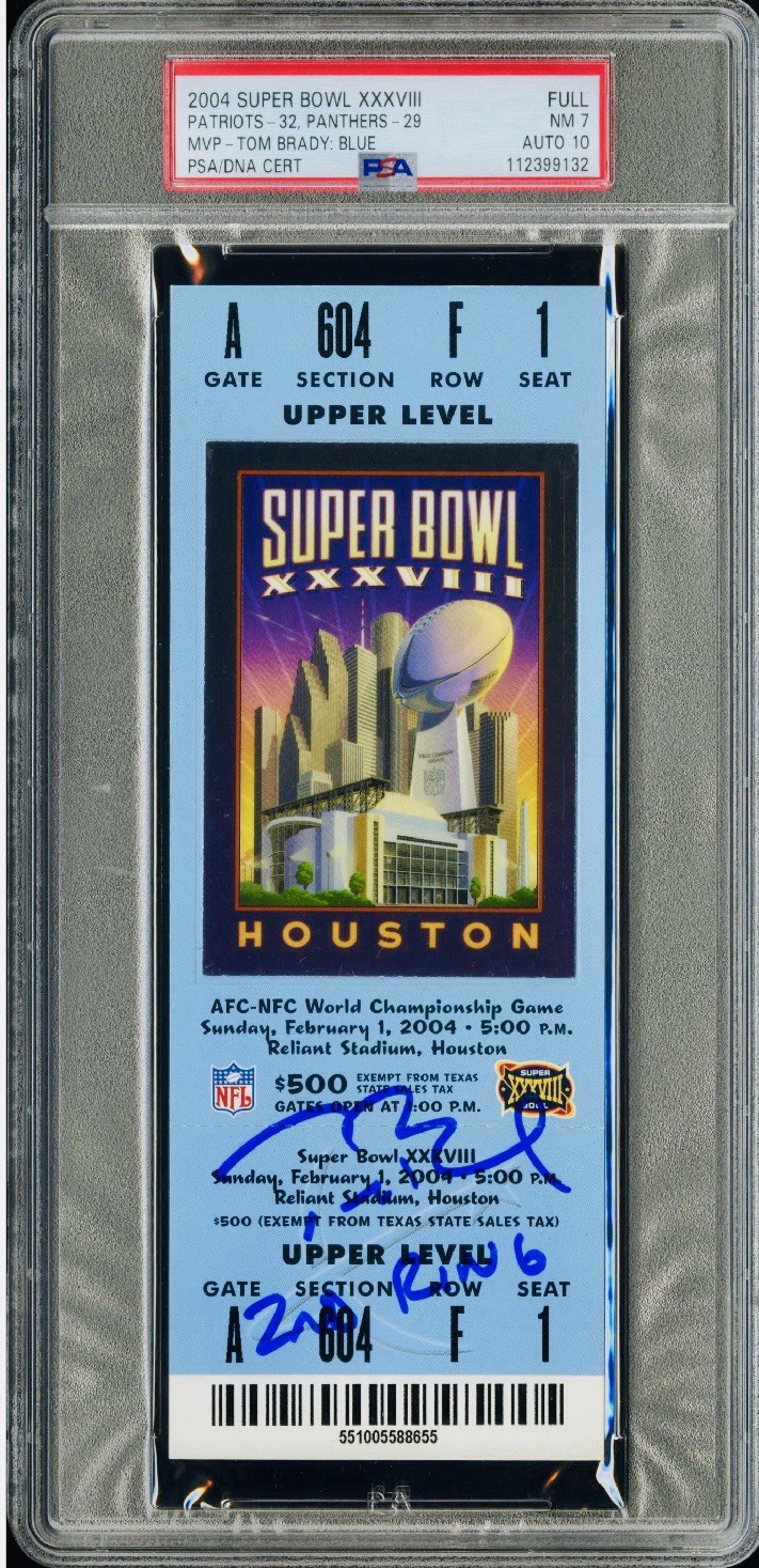 Tom Brady Autographed Signed New England Patriots & Inscribed Super Bowl XXXVIII Ticket Gem Mint 10 PSA/DNA Pop 5 