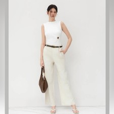 Cider PETITE LINEN-BLEND MID RISE SOLID WIDE LEG TROUSERS WITH BELT XS