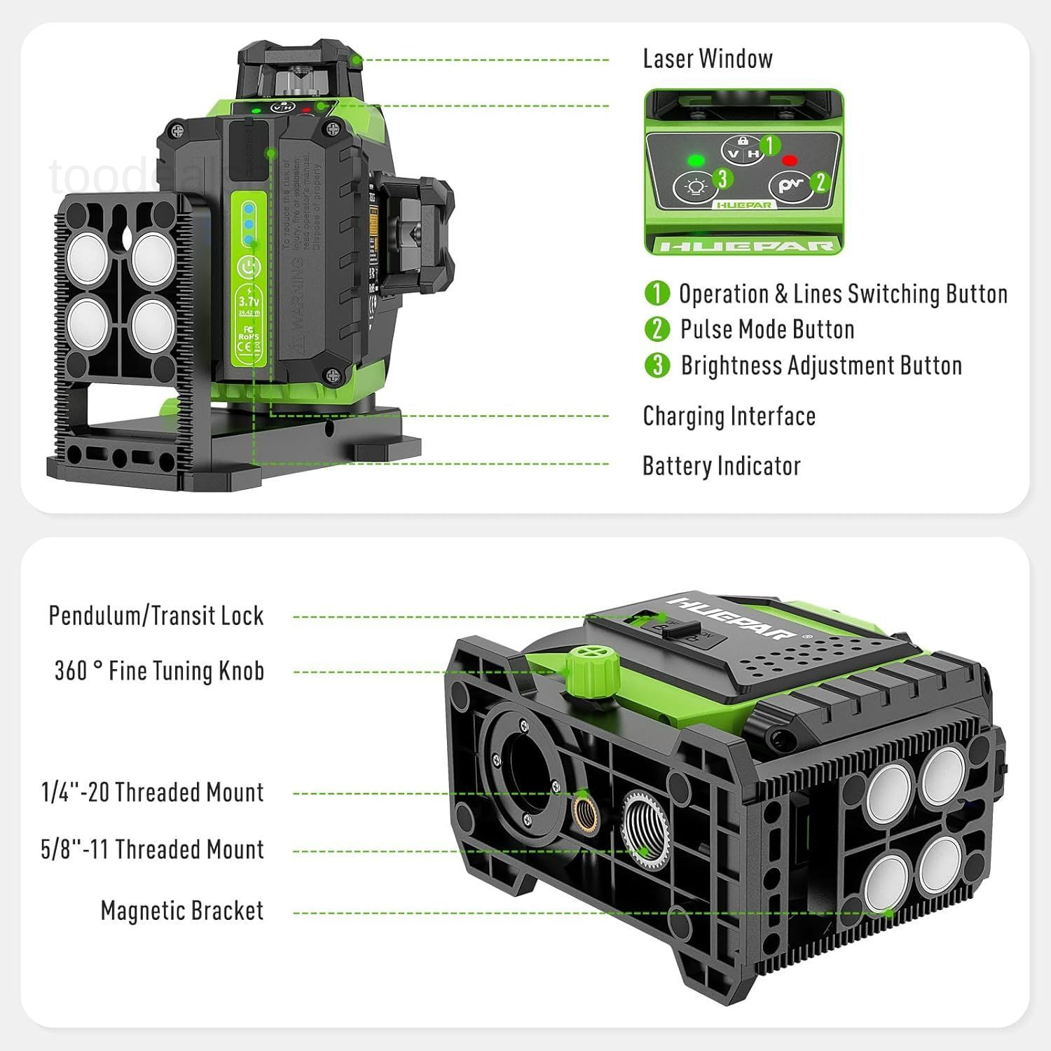 Laser Level 3 x 360 Self-Leveling Cross Line 3D Green 703cg