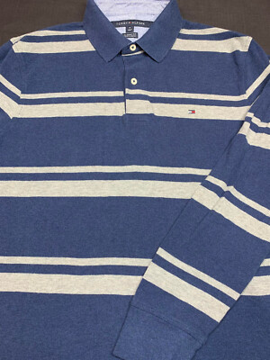 Tommy Hilfiger Mens Pullover Knit Long Sleeve Navy Stripe Logo Shirt Medium M