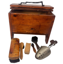 Vintage Wooden Shoeshine Box w/ Cast Iron Foot Rest  Tools Lot 15"x10"x11.5"