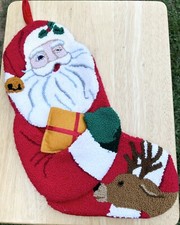 Santa Claus Reindeer Stocking Needlepoint 3D Christmas Handmade Large 17  READ