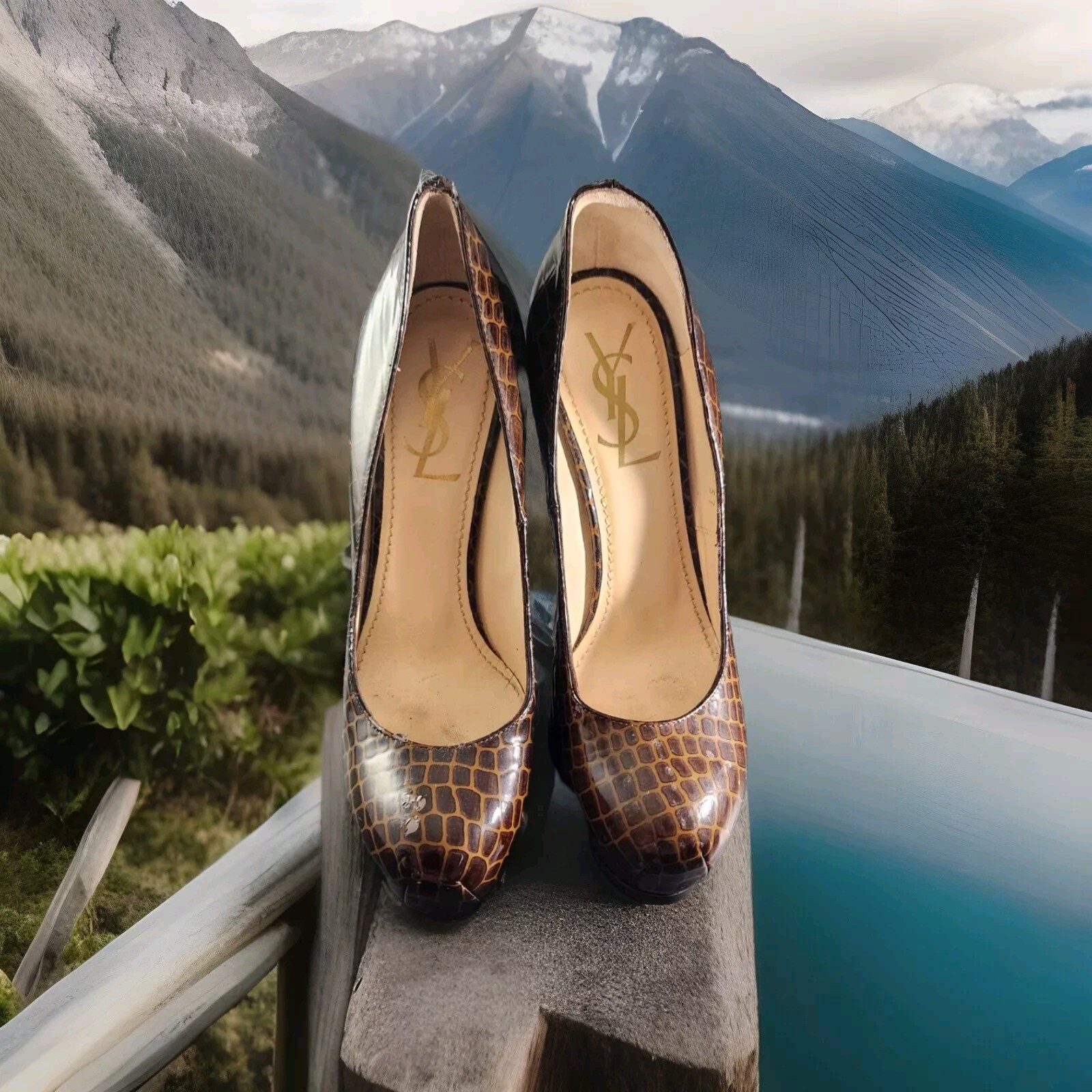 YSL Yves Saint Laurent tribtoo Patent decolte tacco marrone coccodrillo 37 7 H1