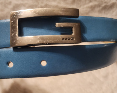 Gucci Vintage Silver Belt Buckle Light Blue Belt G Logo Made 
