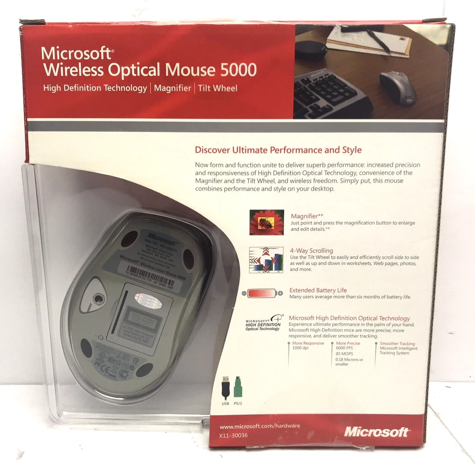 Microsoft Wireless Optical Mouse 5000 Tilt Wheel 4 Way Scrolling Open Box - Bild 2 von 4