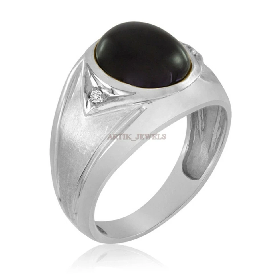 Nera Naturale Onice Pietra preziosa con 14K Bianco Placcato Oro Anello Argento - Immagine 2 di 4