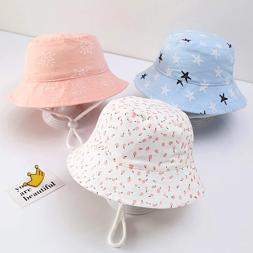 Baby Toddler Girls Summer Bucket Sun Hat Wide Brim Beach Hats with Chin Strap