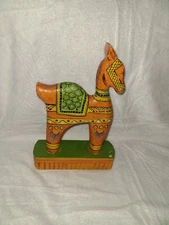 Vintage Tribal Wood Camel Hand Carved and Hand Painted Orange Made in India
