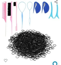79style 1000pcs Mini Rubber Bands Black With Styling Hair Tools, 2pcs Ponytail C