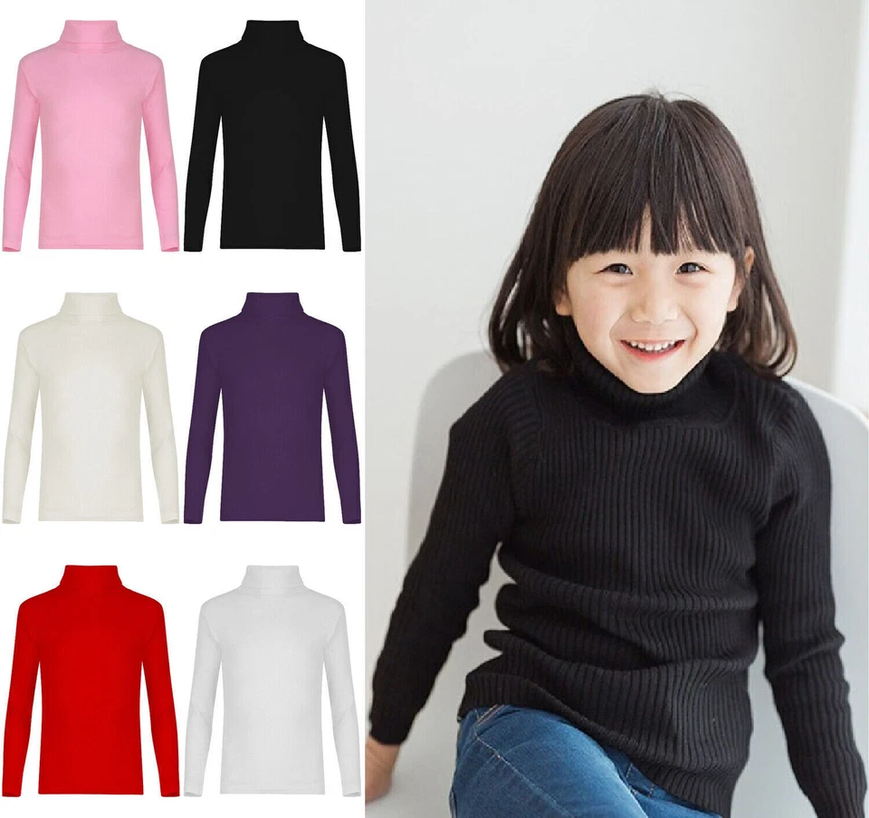 METLUQ Girls Boys Kids High Polo Roll Neck Long Sleeve Ribbed Jumper Warm T-Shirt Top