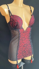 Ann Summers Underwired Suspender Cami Black Ultra Sheer Mesh & Lace, UK 34C