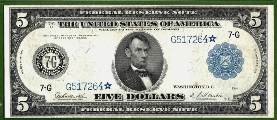 1914💲5  FRN  🌟  STAR NOTE  🌟 🏛️ CHICAGO  Fr-870*    🏛️  PMG 35 - Image 3 of 4
