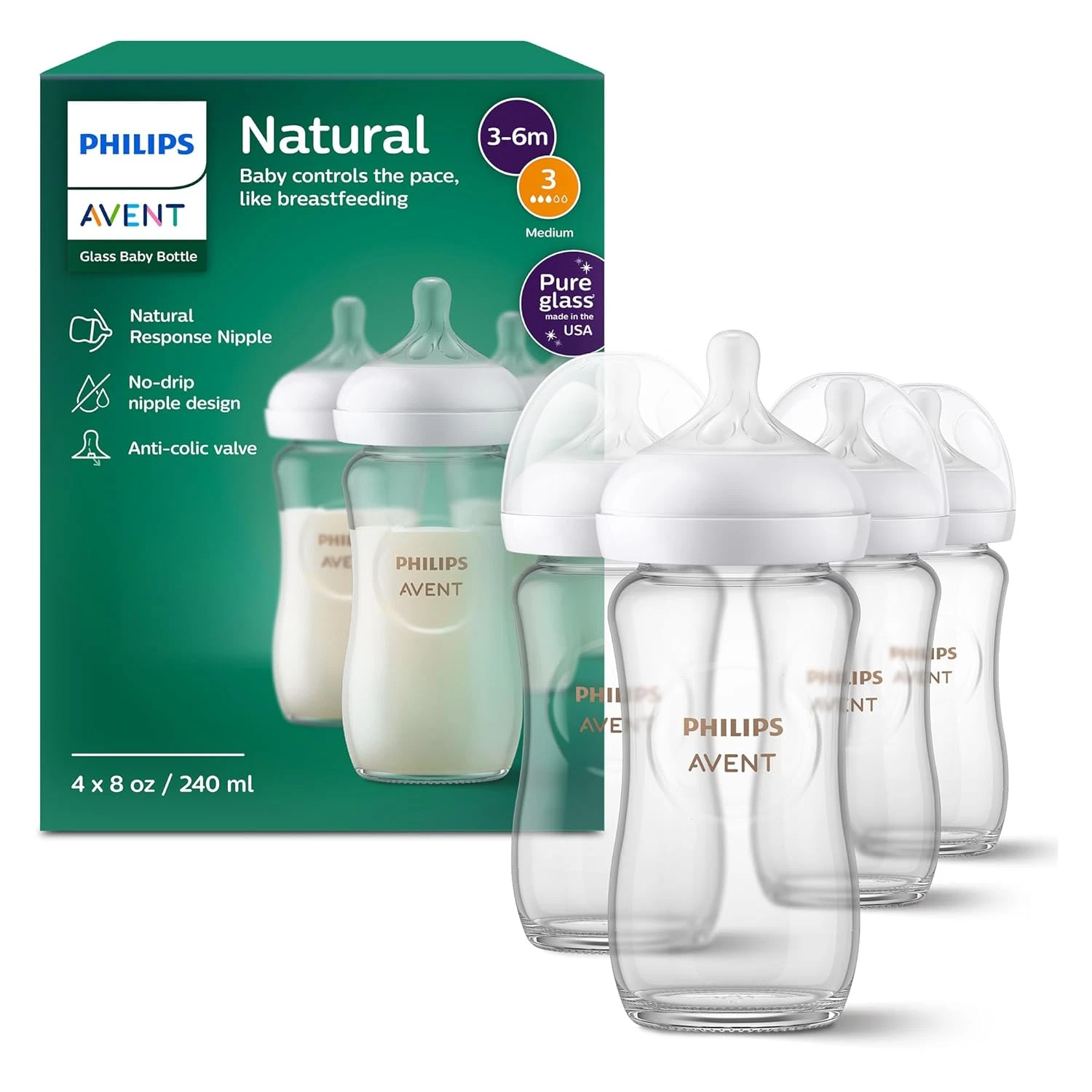 Philips Natural Glass Baby Bottles with Natural Response Nipples (Medium Flow,