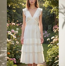 Zimmermann Dress Size 1 Small S 10 US 6 V neck Ivory Tiered Tie Waist Midi Party