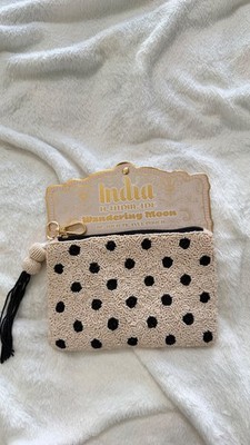 Wandering Moon Black Polka Dot White Creme Glass Beaded Zip Pouch Travel Bag