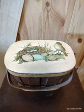 Vintage Wooden Woven Basket Purse Lined Bird Design Decoupage Box 1960s 1970s