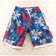 Arizona Jean Company Mens Swim Trunks Blue Red Floral Cargo Pockets M 32 34