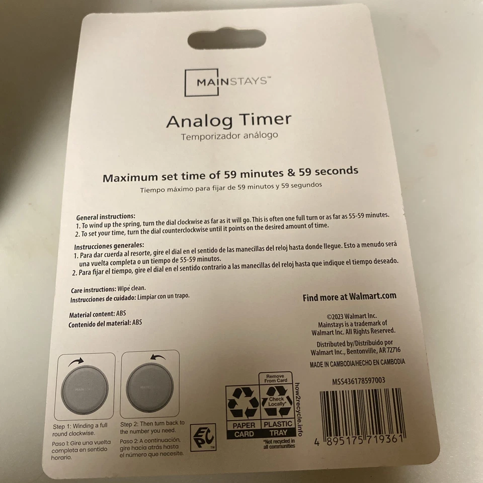 Mainstays  1 Hour Kitchen Timer | Manual Cooking Timer NEW in package - Image 2 of 2