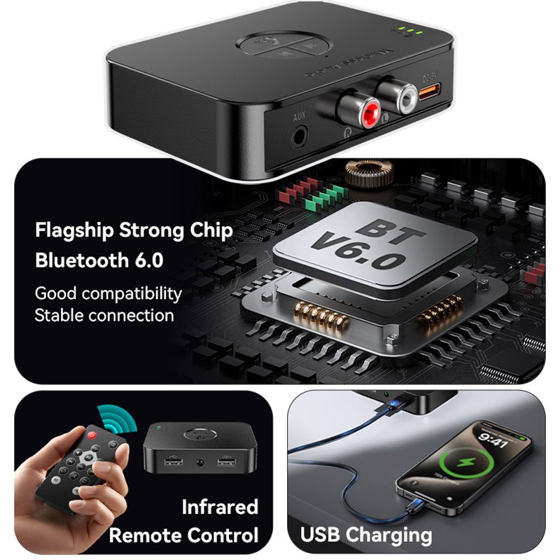 Long Range Bluetooth 6.0 Receiver 3.5mm Aux RCA For TV Home Stereo Audio Adapter