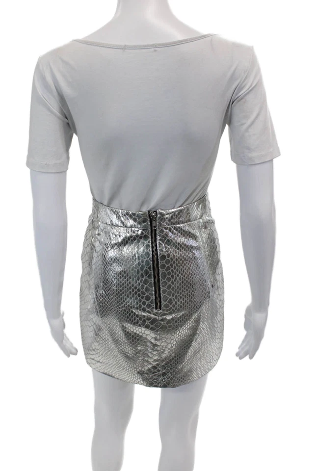 Falda plateada con estampado de piel de serpiente de imitación de cuero para mujer Milly of New York talla 4 Foto 3 de 4