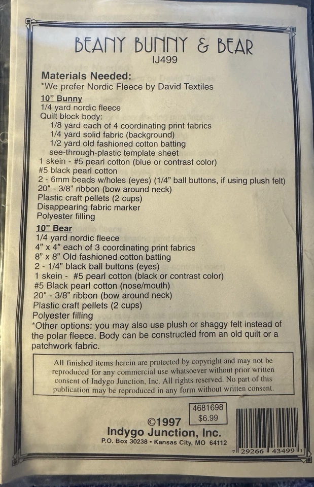 Indygo Junction pattern IJ499 Beany Bunny & Bear 12" tall uncut - Image 2 of 2