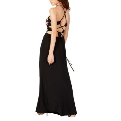 Morgan & Co. Womens Juniors Floral Cut-Out Halter Dress Morgan & Co. Womens Juniors Floral Cut-Out Halter Dress